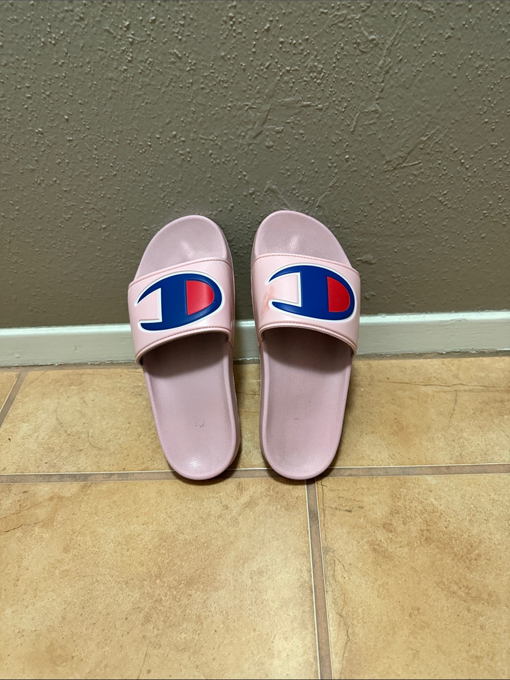 Champion Pink WomenSlide Sandals with Blue & Red Logo